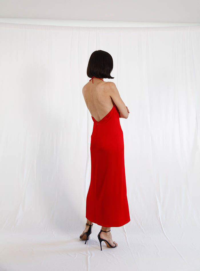 halter neck red dress