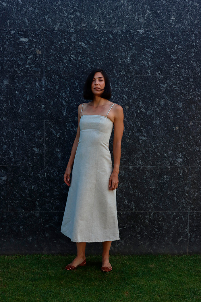 strap square linen dress